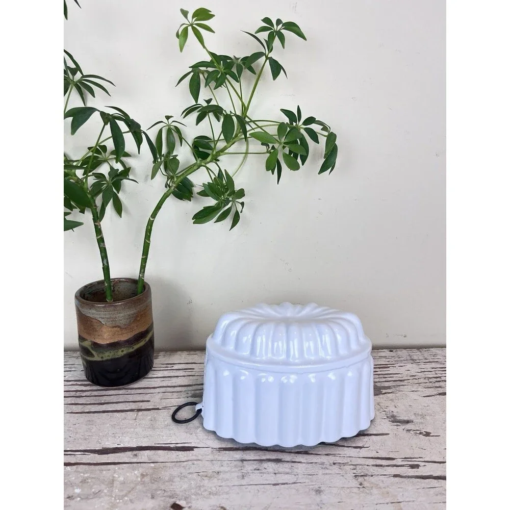 Vintage Dutch White Enamelware Jello Pudding Mold W/ Hanger Cottage Kitchen Home